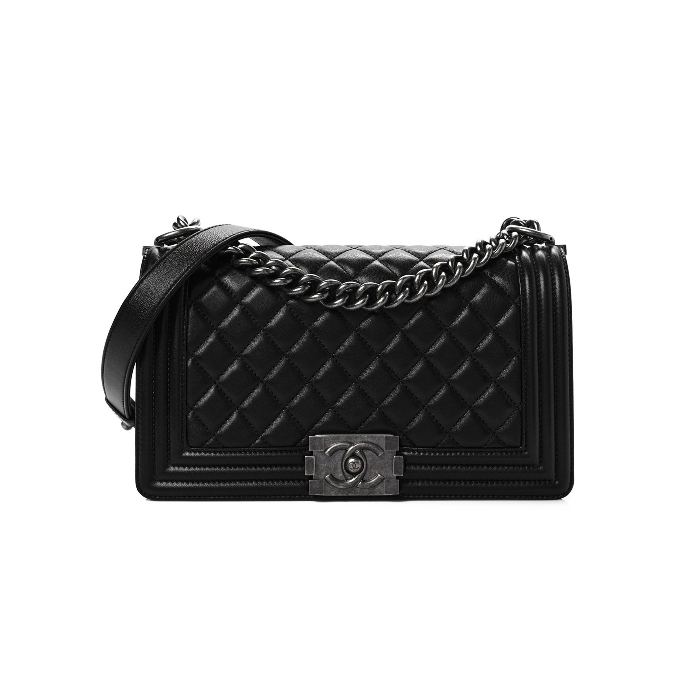 CHANEL CALFSKIN QUILTED MEDIUM BOY FLAP BLACK SILVER HARDWARE (25*14*9cm)